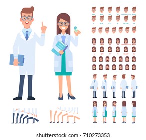 Front, side, back view animated character. Woman and man doctors constructor with various views, hairstyles, face emotions, poses. Cartoon style, flat vector illustration.