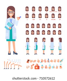 Front, side, back view animated character. Female doctor constructor with various views, , face emotions, poses and gestures. Cartoon style, flat vector illustration.