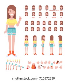 Front, side, back view animated character. Young girl constructor with various views, , face emotions, poses and gestures. Cartoon style, flat vector illustration.