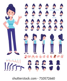 Carácter animado de vista frontal, lateral y posterior. Creación de personajes femeninos con diferentes puntos de vista, peinados, emociones, poses y gestos. Estilo de dibujo, vector plano 