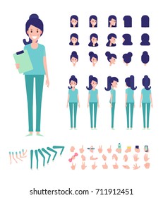 Front, side, back view animated character. Nurse character creation set with various views, hairstyles, face emotions, poses and gestures. Cartoon style, flat vector illustration.