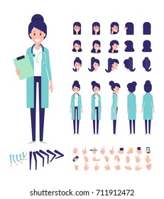 Front, side, back view animated character. Female doctor character creation set with various views, hairstyles, face emotions, poses and gestures. Cartoon style, flat vector illustration.