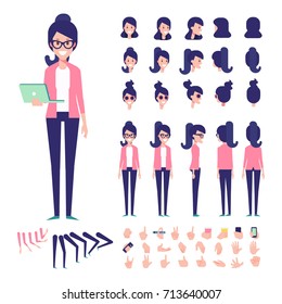 Front, side, back view animated character. Geek girl character creation set with various views, hairstyles,  poses and gestures. Cartoon style, flat vector illustration