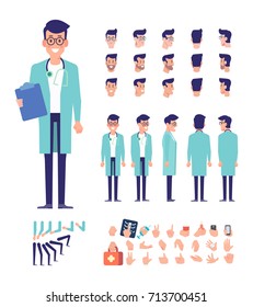 Front, side, back view animated character. Male doctor character creation set with various views, hairstyles, face emotions, poses and gestures. Cartoon style, flat vector illustration.