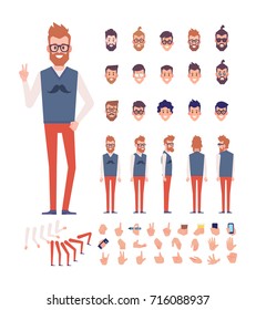 Carácter animado de vista frontal, lateral, trasera, partes separadas de la carrocería. Constructor de hipster con barba de moda con varias vistas, peinados, poses y gestos. Estilo de caricatura, ilustración vectorial plana.