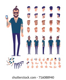 Front, side, back view animated character. Brutal Bearded hipster with tattoos on his arms constructor with various views, hairstyles, poses and gestures. Cartoon style, flat vector illustration.