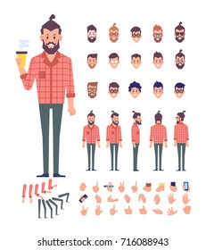 Carácter animado de vista frontal, lateral, trasera,partes separadas de la carrocería. Hipster de barba de moda con constructor de café con diversas vistas, peinados, poses y gestos. Ilustración vectorial plana.