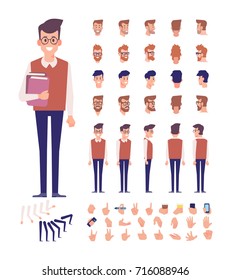 Front, side, back view animated character, separate parts of body. Student boy with books constructor with various views, hairstyles, poses and gestures. Cartoon style, flat vector illustration.