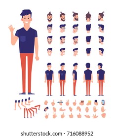 Front, side, back view animated character,separate parts of body. Young boy constructor with various views, hairstyles, poses and gestures. Cartoon style, flat vector illustration.