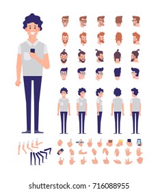 Front, side, back view animated character, separate parts of body. Young guy with mobile constructor with various views, hairstyles, poses and gestures. Cartoon style, flat vector illustration.