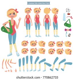 Front, side, back view animated character. Female fitness creation set with various views, face emotions, poses and gestures. Cartoon style, flat vector illustration.