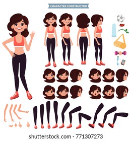 Front, side, back view animated character. Female fitness creation set with various views, face emotions, poses and gestures. Cartoon style, flat vector illustration.