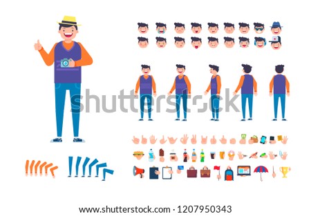 Front, side, back view animated character. Young man character creation set with various views, hairstyles, face emotions, separate hands with accesories. Cartoon style, flat vector illustration.