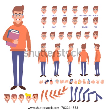 Front, side, back view animated character. Geek character creation set with various views, face emotions and gestures. Cartoon style, flat vector illustration.