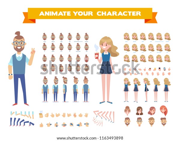 Front, side, back view animated characters. Male and female characters