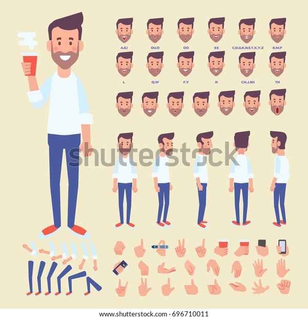 Front,\
side, back view animated character. Bearded man character creation\
set with various views, hairstyles, face emotions, poses and\
gestures. Cartoon style, flat vector\
illustration.