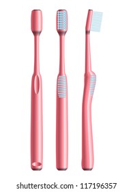 Front, side and back views of pink toothbrush over white background. Eps10