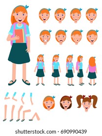 Front, side, behind animated characters. girl students with different types of hairstyles, faces, emotions, poses and gestures. Cartoon style, vector illustration.