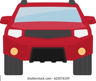 Front side of big red off road car 