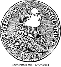 The front side of a common Spanish gold coin. Pistole is the French name given to this coin., vintage line drawing or engraving illustration.