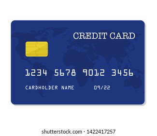 Front side of a credit card with world map.  Money, payment, financial symbol. Blue color.