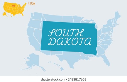 La parte delantera tiene un mapa de la provincia de Dakota del Sur en los Estados Unidos de América y la parte trasera tiene un mapa de los Estados Unidos de América y un Pequeño mapa en la parte superior que dice EE.UU.4 julio 