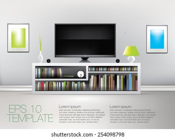 Front side of living room with flat TV and bookshelf. Vector template