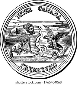 The front side of the medal of gratitude struck to celebrate the Treaty of Ghent ending the War of 1812, vintage line drawing or engraving illustration.