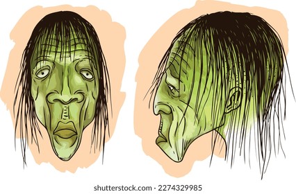 The front   side profiles green head creature design  It has droopy eyes  wide nose  long chin   scant messy hair  
