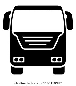 
Front side of public transport with single deck and door going on a road, tourist van icon
