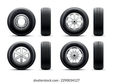 Vista frontal y lateral de las ruedas de los coches con varios discos realistas ajustados en la ilustración vectorial aislada de fondo blanco