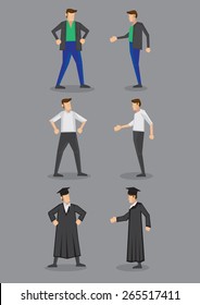 Front and side view of cartoon modern man wearing different attire and outfits. Vector illustration isolated on grey background.