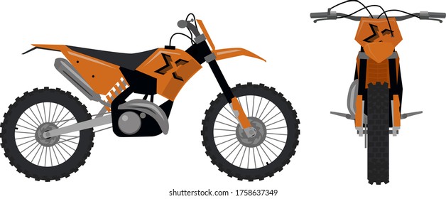 Vista frontal y lateral de una moto motocross de dibujos animados.