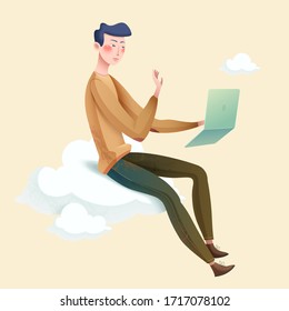 Front side view of an elegant young man sitting on soft cloud and using laptop, isolated on yellow background