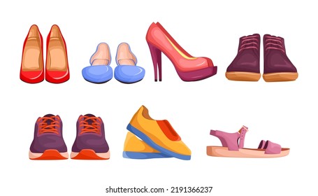 Front   side view female shoes vector illustrations set  Cartoon drawings pairs shoes for women   men  sneakers  heels isolated white background  Footwear  fashion  shopping concept