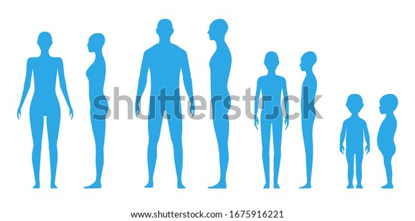 Front and side view human body silhouette of an adult male, a female