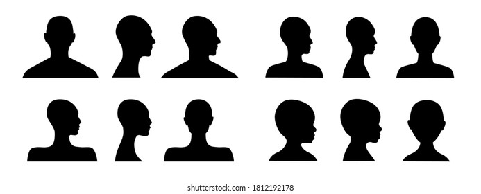 Front and side view human head silhouette of an adult male, a female, gender neutral, a teenager and a toddler. Anonymous avatars. Incognito person face.