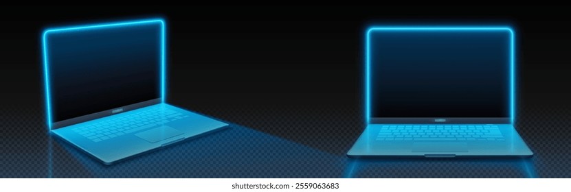 Maqueta de portátil de vista frontal y lateral con bordes brillantes de neón en la pantalla. Ordenador portátil desde diferentes ángulos, destacando con la lámpara led azul. diseño futurista de la PC de la tecnología con el contorno ligero brillante.