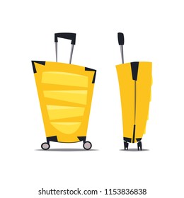 Front and side view of modern yellow plastic suitcase. Flat vector illustration isolated on white background.
