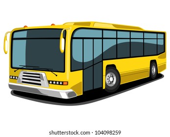 Vista frontal y lateral del transporte público estilo moderno Bus de color amarillo, aislado en fondo blanco.