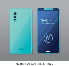 front and side view, realistic smartphone mockup with padlock security vector illustration design