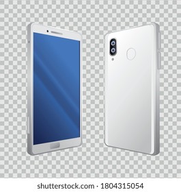 Vorder- und Seitenansicht, realistische Smartphones, die mit weißer Vektorgrafik gestaltet werden