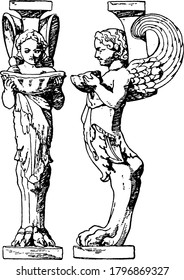 The front and side view of Roman table-support trapezophoron. It is made out of marble and has a design of eros garbed with nebris in panther's claws, vintage line drawing or engraving illustration.