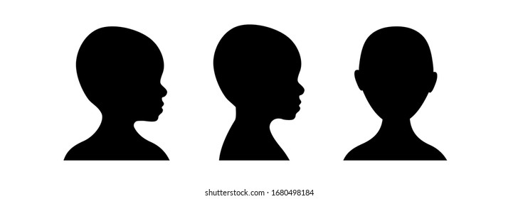 Front And Side View Silhouette Of A Toddler Head. Anonymous Kid Face Avatar