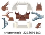 Front and side view of staircases flat vector illustrations set. Collection of vintage or modern wooden or metal stairways, ladders, spiral stairs isolated on white background. Home interior concept