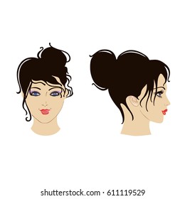Front, side view of woman's face, isolated on white background. Vector illustration