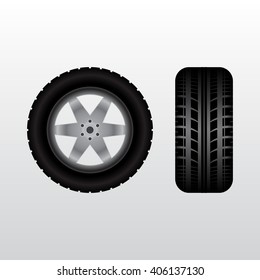 Front and side views of black wheel and tire track