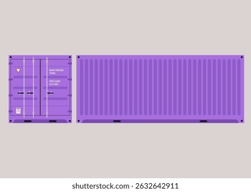 Front and side views of a cargo container is displayed, showcasing bold colors and intricate lines, This captures the meeting point of industry and artistry in shipping