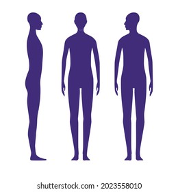 Front and side views human body silhouette of a neutral gender adult. Shadow of a standing x-gender person with a head turned to the shoulder