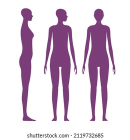 Front and side views human body silhouette of an adult female. Shadow of a standing woman with a head turned to the shoulder